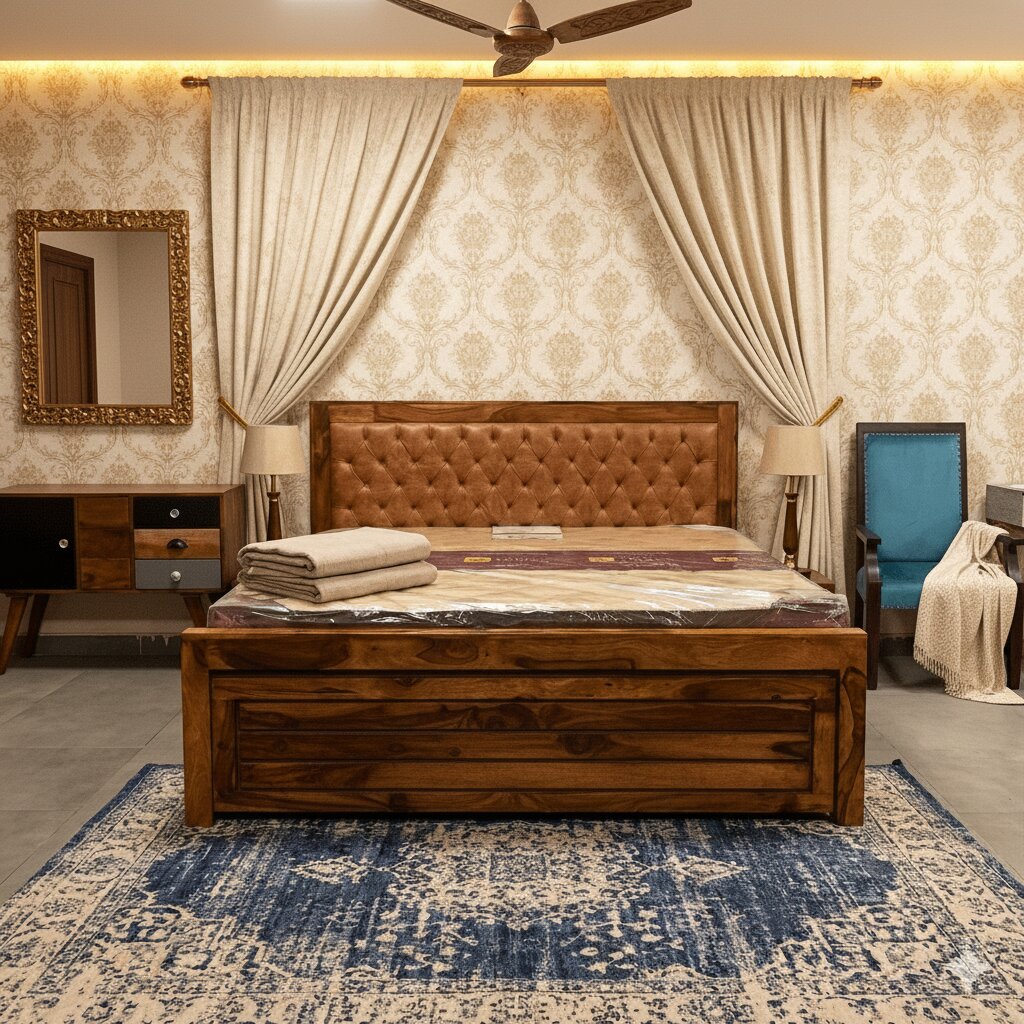 Solid sheesham Wood Chesterfield Bed with half box and half front drawer storage. 