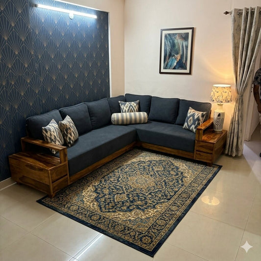 Solid Sheesham Wood Seven Seater Cuboid L Shape Sofa. 