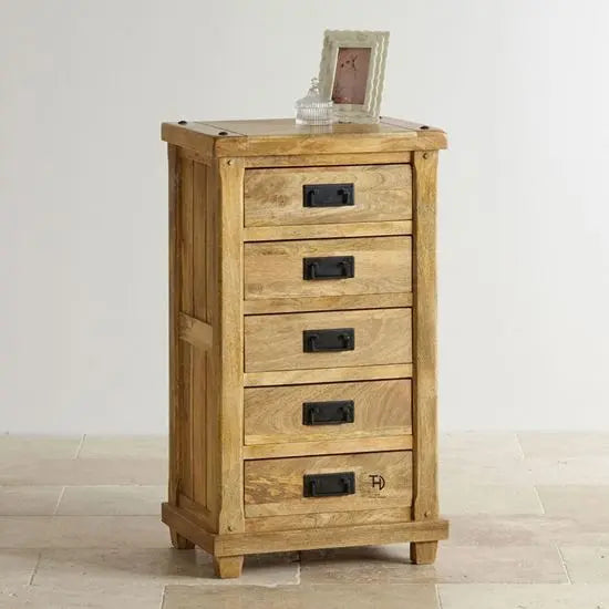 Mango Wood Five Drawer Devi dresser with black chest handle.