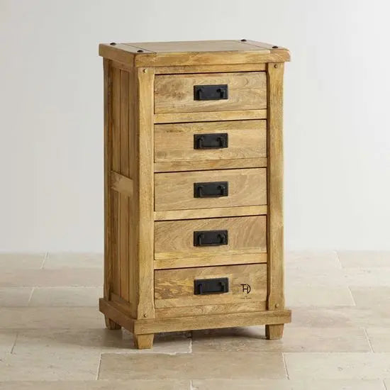 Solid Mango Wood Five Drawer Devi dresser with black chest handle. 