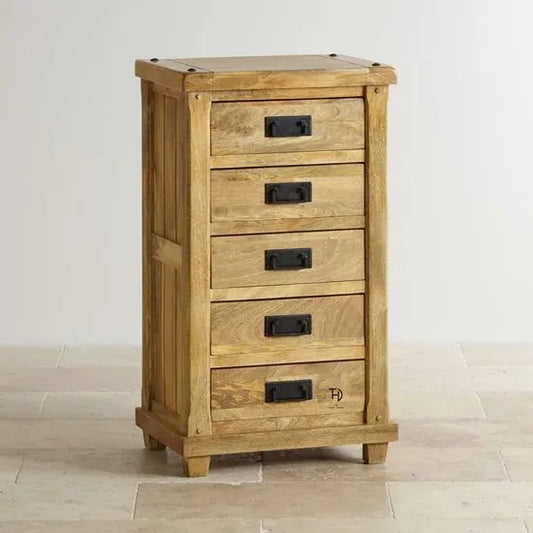 Solid Mango Wood Five Drawer Devi dresser with black chest handle. 