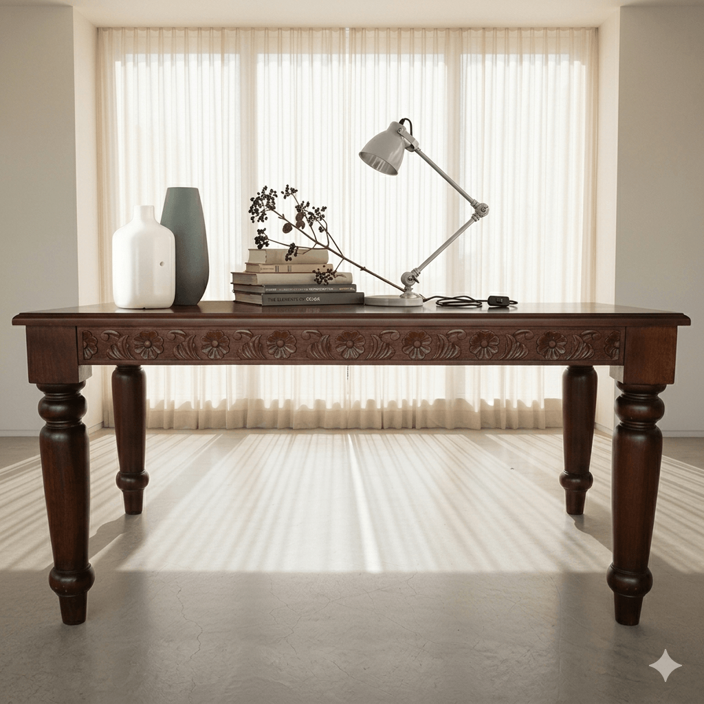 Sheesham wood Rectangle shape Dome Six seater dining table with intricate carvings. 