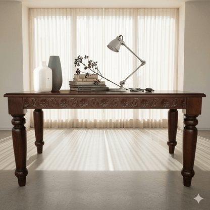 Sheesham wood Rectangle shape Dome Six seater dining table with intricate carvings. 