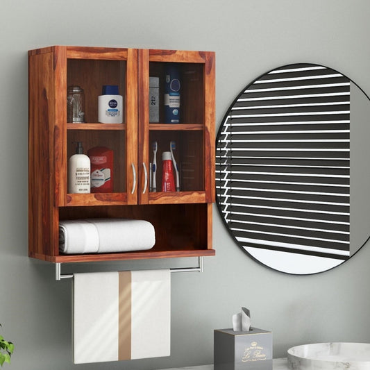 Solid Wood Two Glass Door and Small Shelf with hanging Rod Earth Bathroom Rack. 