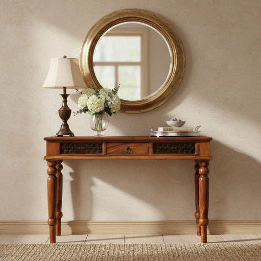 Intricate Design Metal Jali and Solid Wood Earth Console Table with Carved Legs. 