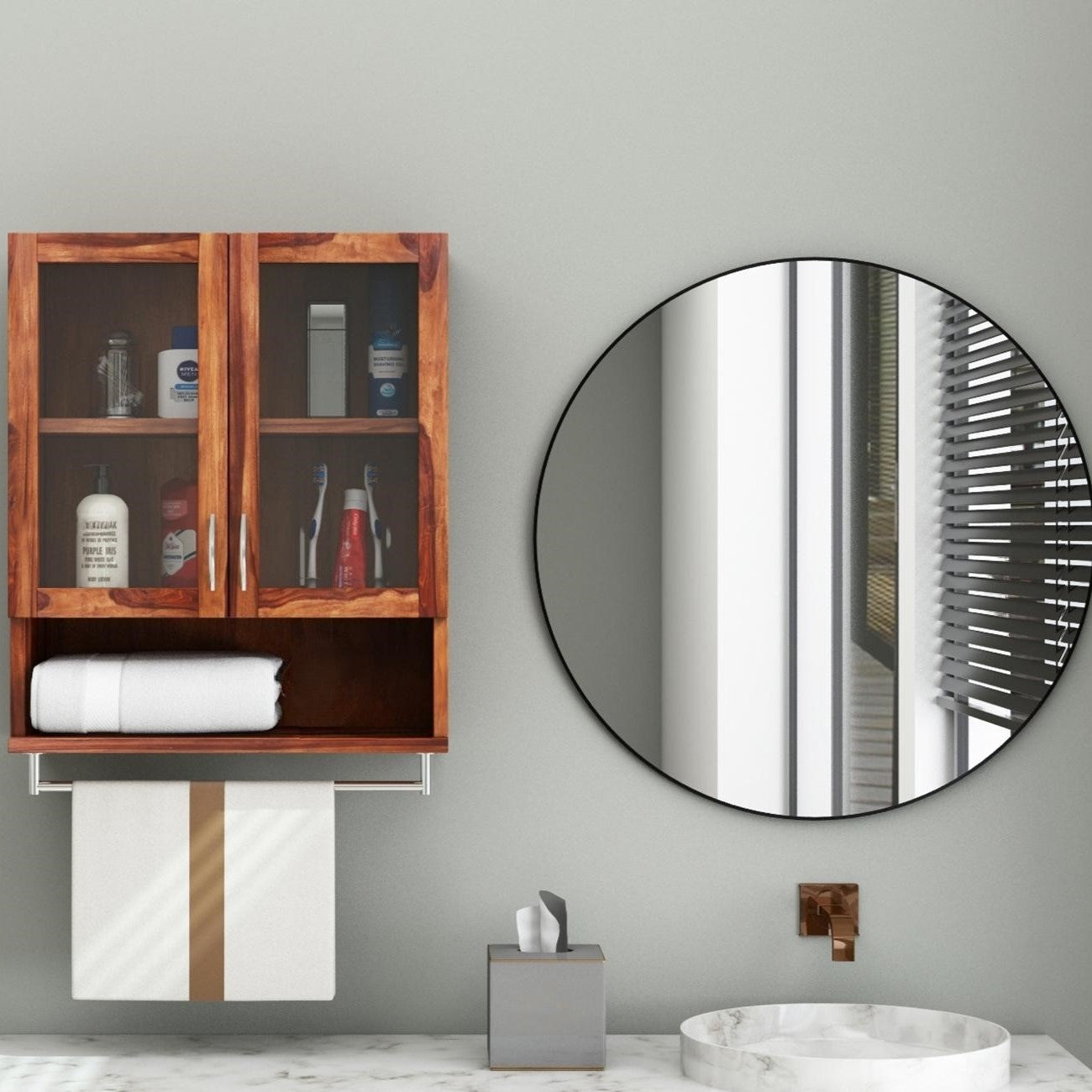 Solid Sheesham Wood Two Glass Door and Small Shelf with hanging Rod Earth Bathroom Rack. 