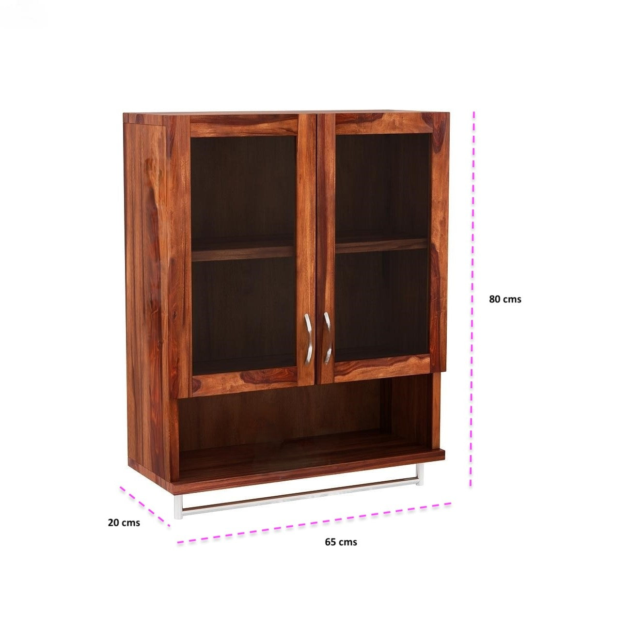Wooden Two Glass Door and Small Shelf with hanging Rod Earth Bathroom Rack. 