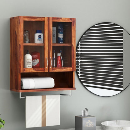 Solid Wood Two Glass Door and Small Shelf with hanging Rod Earth Bathroom Rack. 
