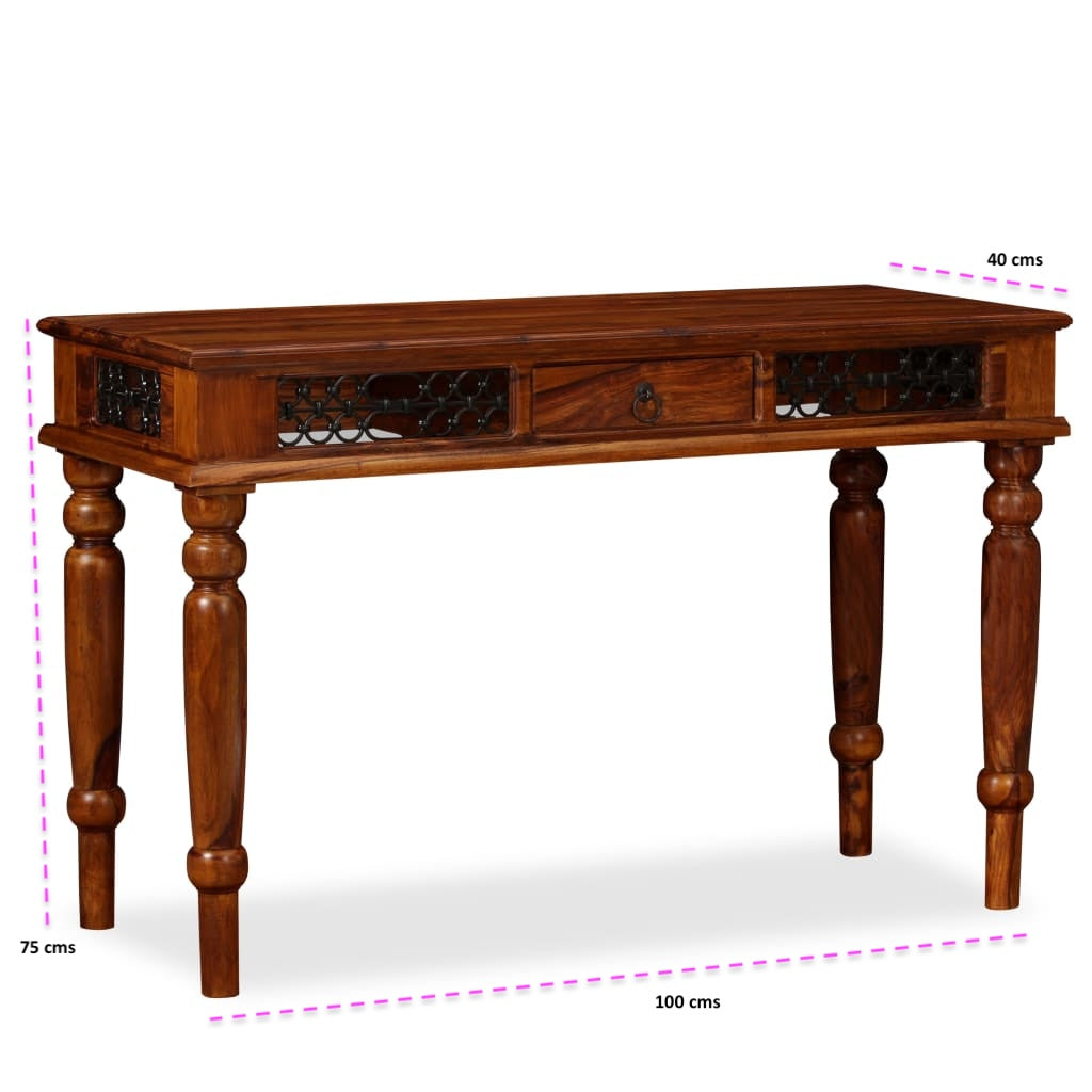 Intricate Design Metal Jali One Drawer Earth Console Table with Carved Legs Made in Solid Sheesham Wood. 