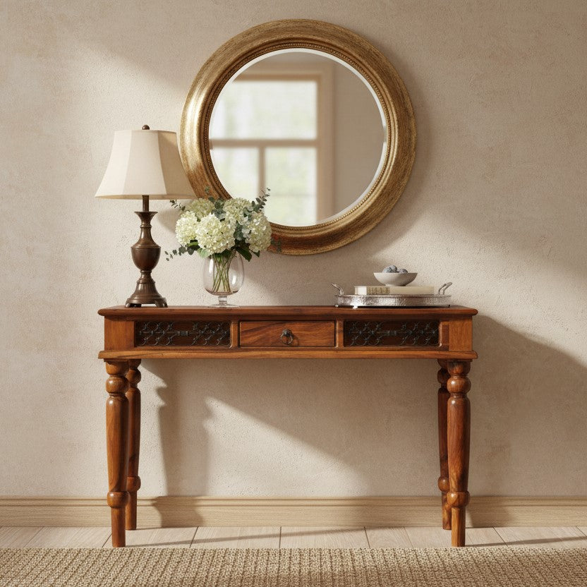 Intricate Design Metal Jali and Solid Wood Earth Console Table with Carved Legs. 