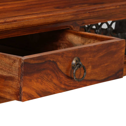 Intricate Design Metal Jali One Drawer Earth Console Table with Carved Legs Made in Solid Sheesham Wood. 