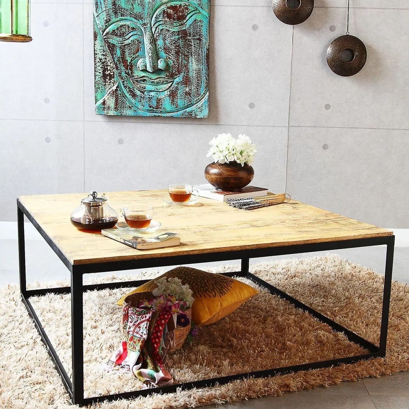 Solid Wood Top and Metal Frame Ferrous Square Coffee Table.