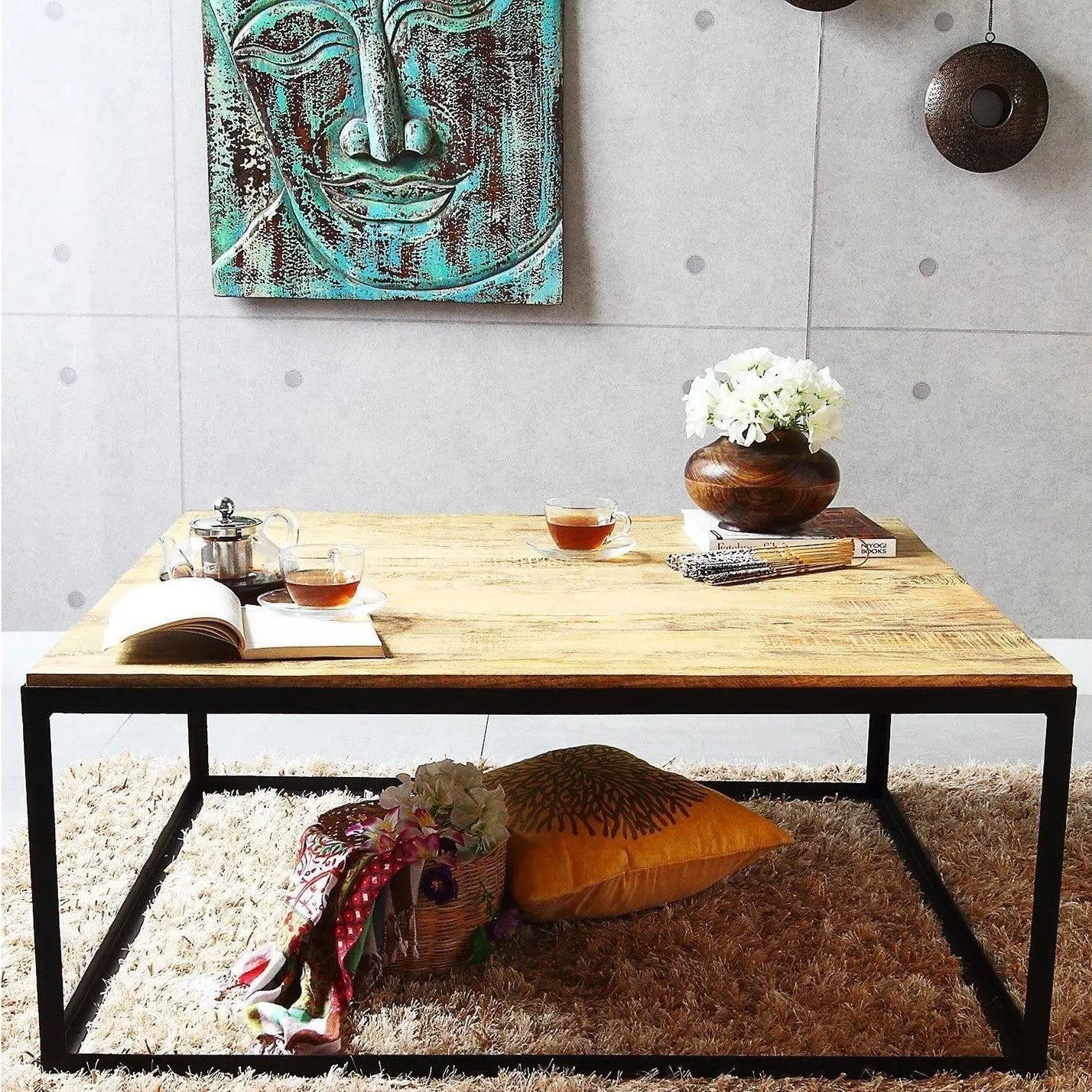 Wooden Top and Metal Frame Ferrous Square Coffee Table.
