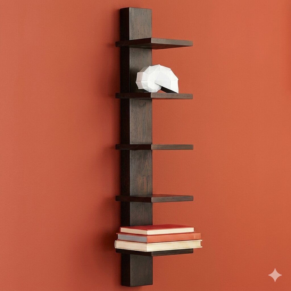 Vertical wall Five Floating shelves made in Solid Sheesham Wood. 