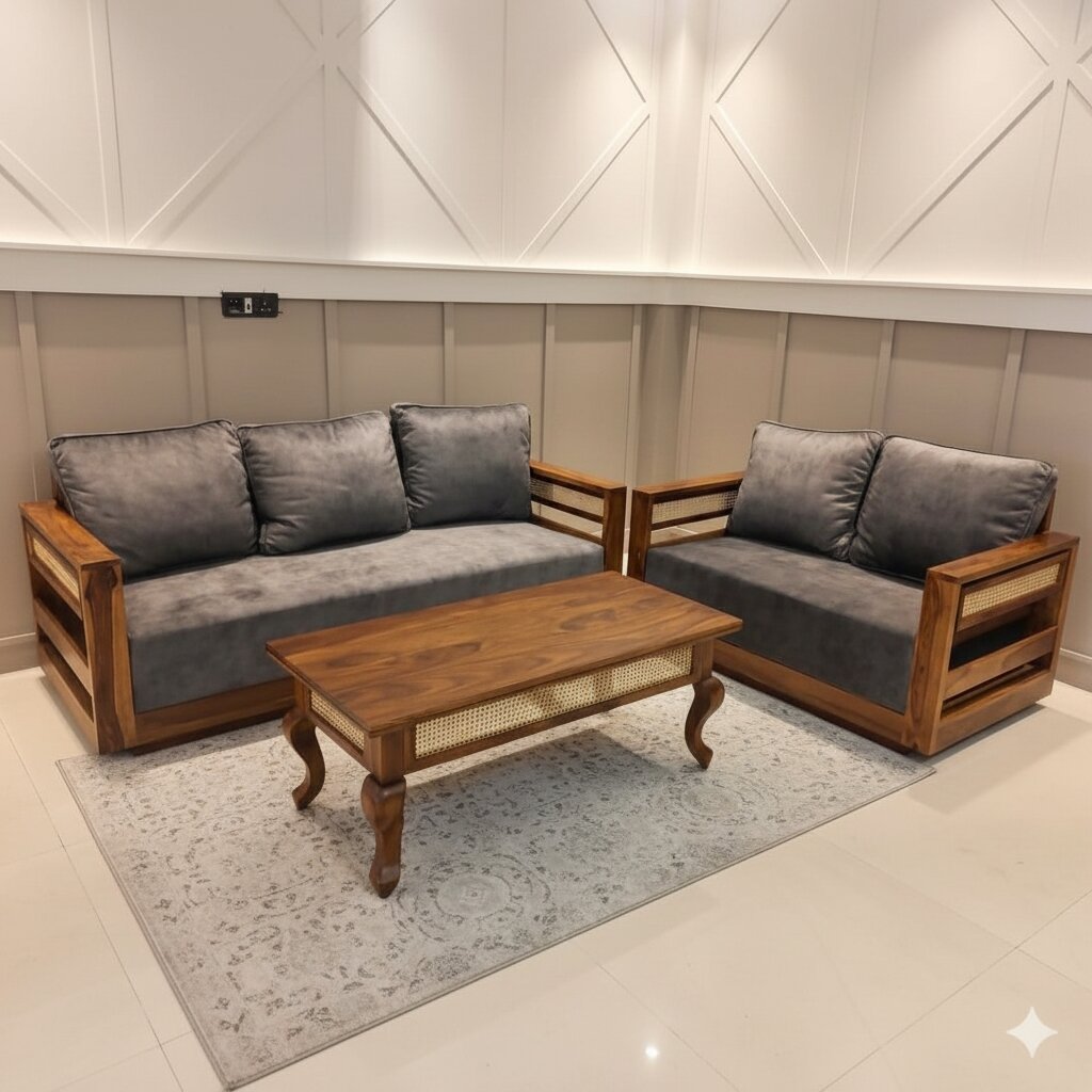 Solid sheesham wood Lumber Sofa 5 Seater with side cane fanti.  