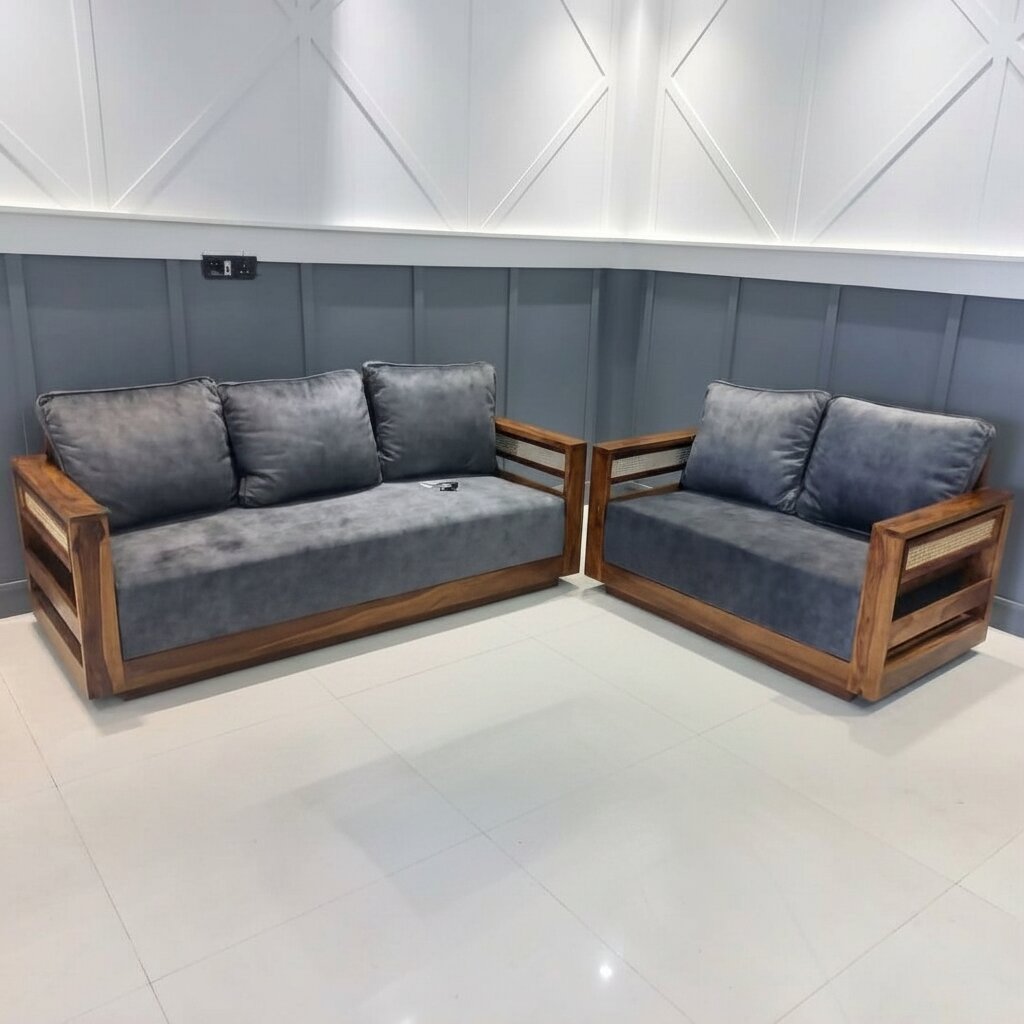 Solid wood Lumber Sofa 5 Seater with side cane fanti.  