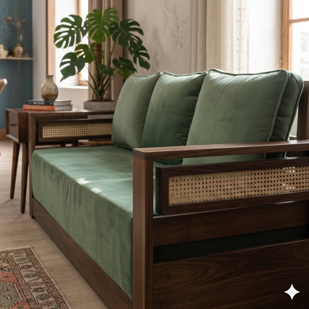 Sheesham Wood and Side Cane Fanti Lumber Sofa Set