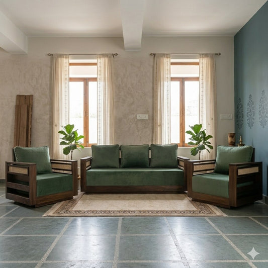 Solid Wood and Side Cane Fanti Lumber Sofa Set