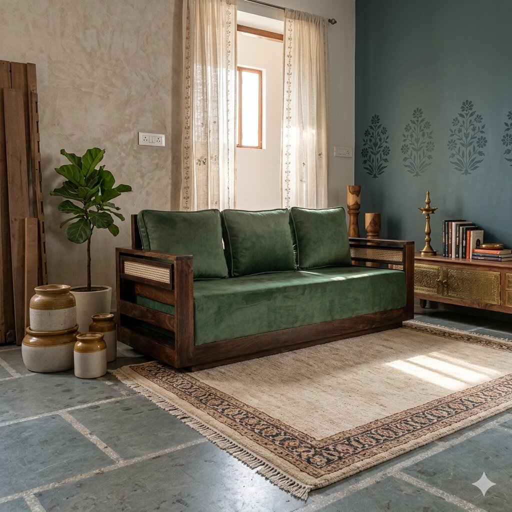 Solid Sheesham Wood and Side Cane Fanti Lumber Sofa Set