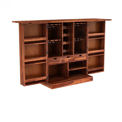 Sheesham Wood Two door inside Three Drawer and Bottle Rack Mars bar cabinet with geometric pattern.