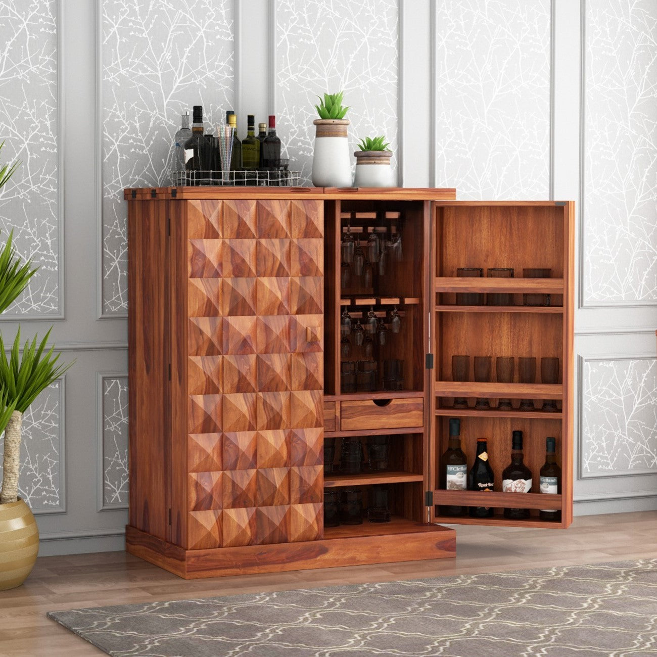 Wooden Two door Mars bar cabinet with geometric pattern.
