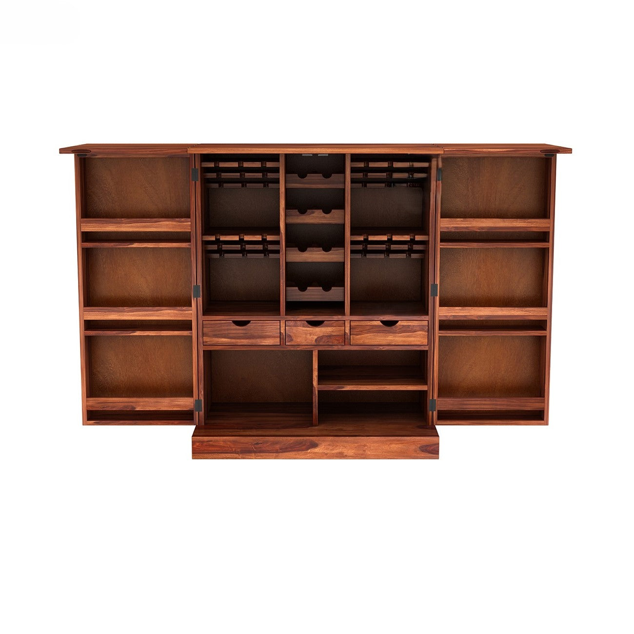 Wooden Two door inside Three Drawer and Bottle Rack Mars bar cabinet with geometric pattern.