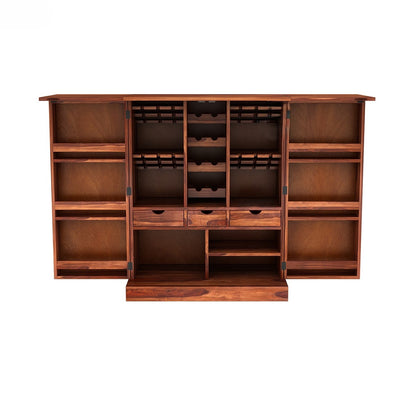 Wooden Two door inside Three Drawer and Bottle Rack Mars bar cabinet with geometric pattern.