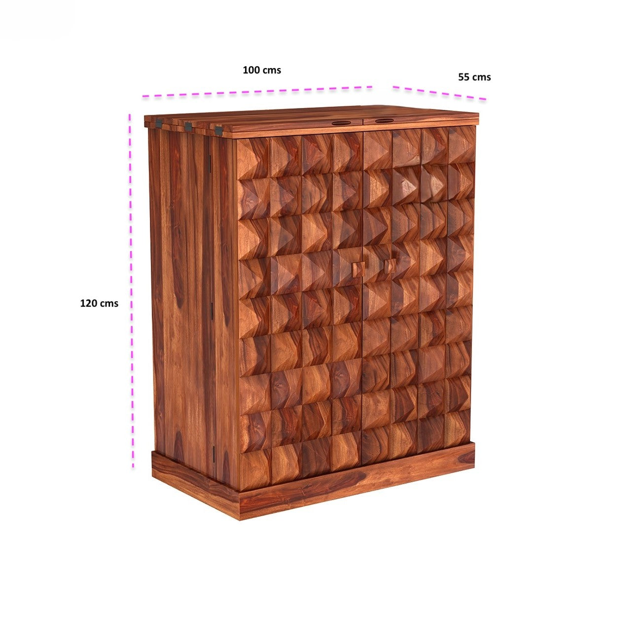 Solid Wood Two door inside Three Drawer and Bottle Rack Mars bar cabinet with geometric pattern.