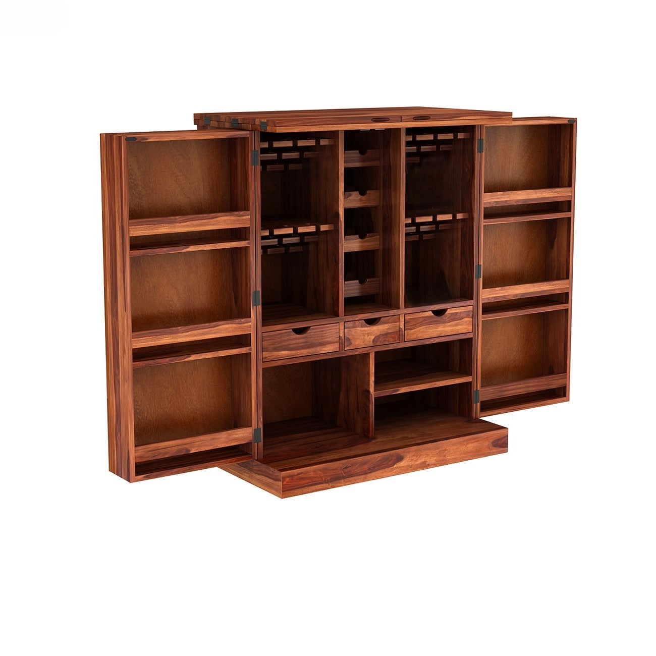Solid Wood Two door inside Three Drawer and Bottle Rack Mars bar cabinet with geometric pattern.