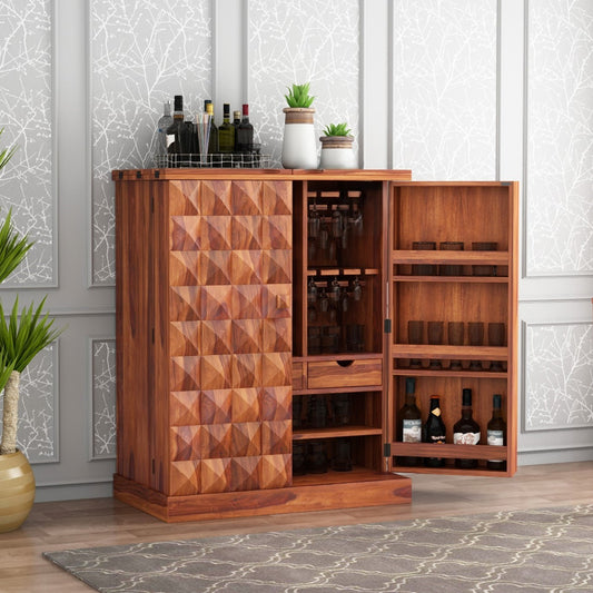 Wooden Two door Mars bar cabinet with geometric pattern.