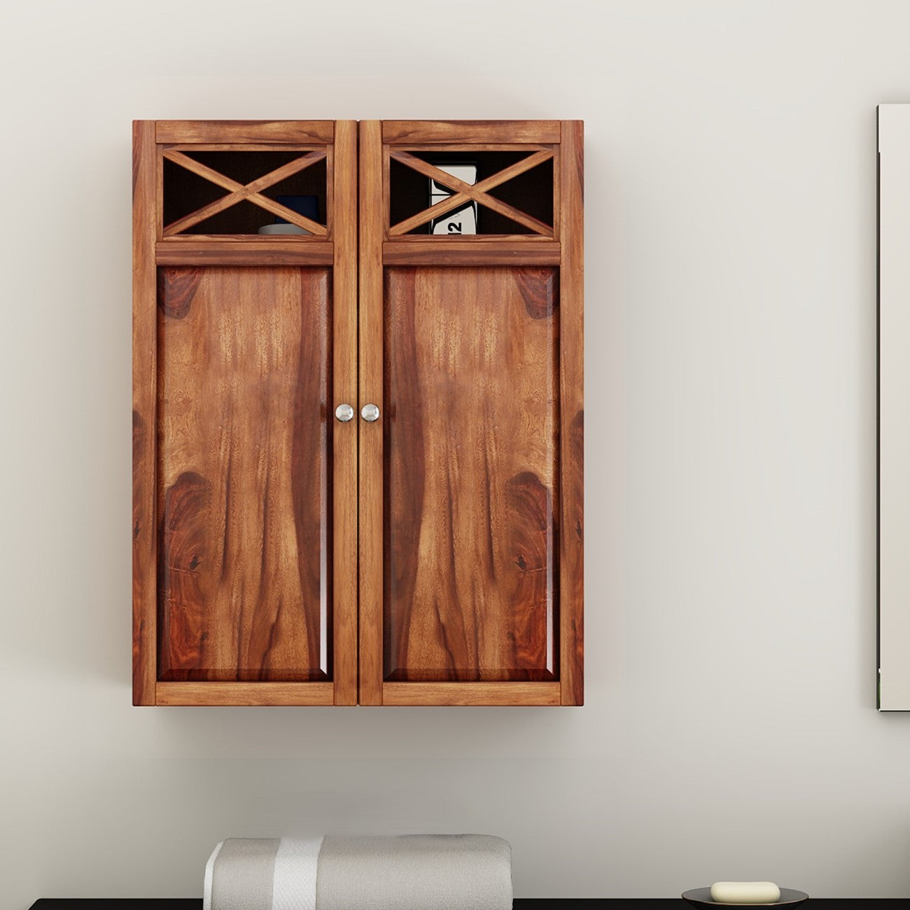 Solid Sheesham Wood Two Door Wall Mars Bathroom Rack. 