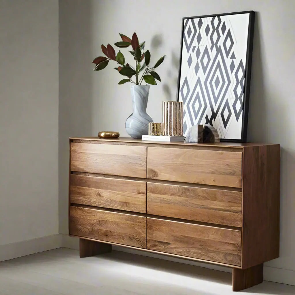 Solid Mango Wood Six drawer Modern Dresser. 