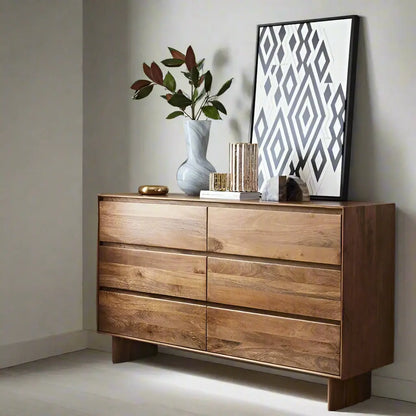 Solid Mango Wood Six drawer Modern Dresser. 