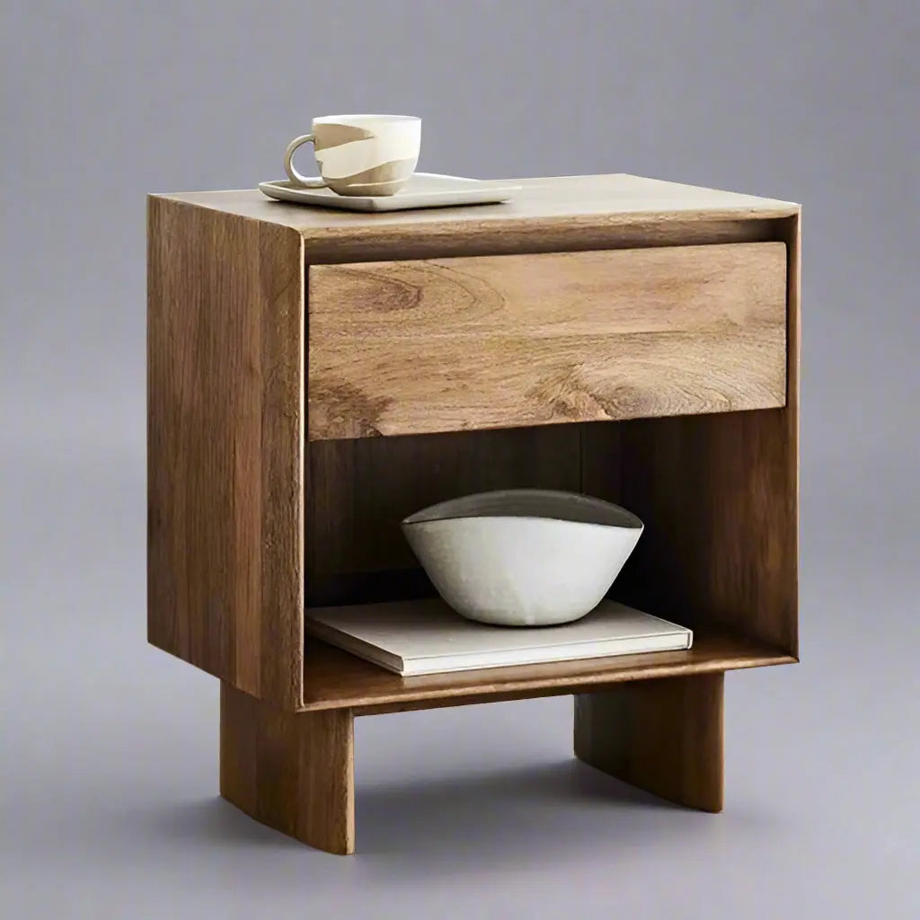 One Drawer One Shelf Modern Bedside Made in Solid Mango Wood. 
