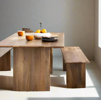 Solid mango wood rectangular shape Modern dining table with two benches. 