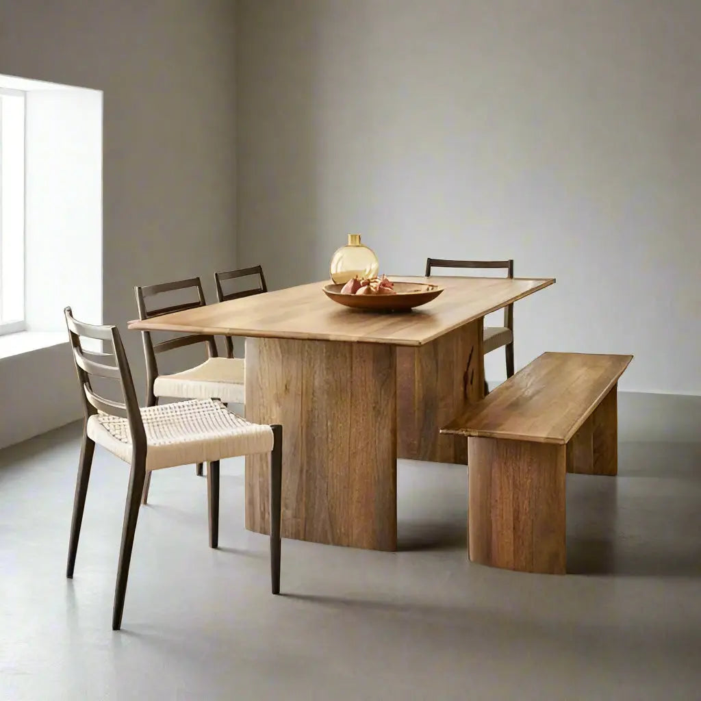 Solid wood rectangular shape Modern dining table with two benches.  