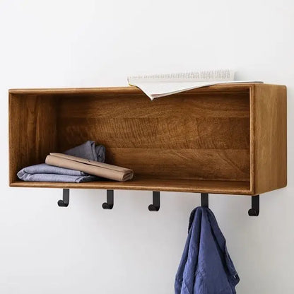 Mango Wood Wall Shelf With One Shelf and Five Coat Hanger Modern Shelf With Hooks.