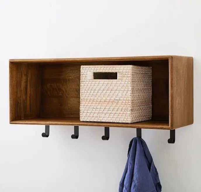Wooden wall shelf with one Open Rack and Five coat hanger Modern Shelf With Hooks. 