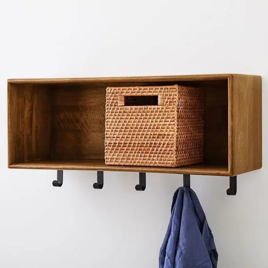 Solid Wood Wall Shelf With One Shelf and Five Coat Hanger Modern Shelf With Hooks.