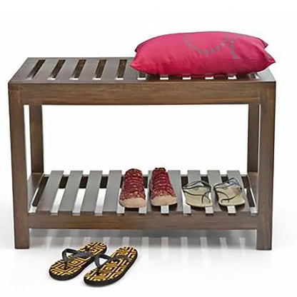 A wooden Modern shoe rack with multiple pairs of shoes placed on it.