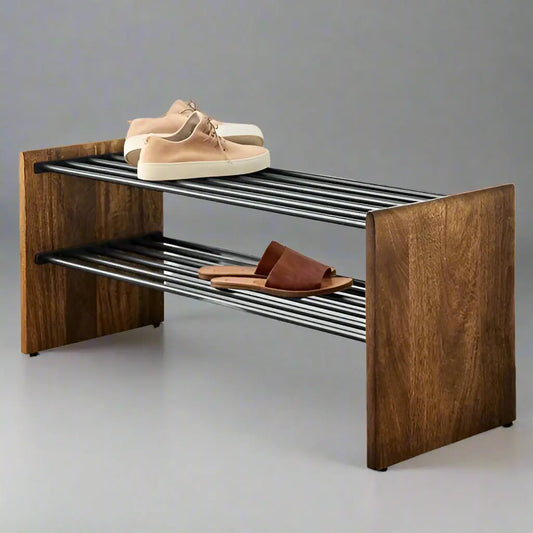 Solid Mango Wood and Metal Stand Modern Shoe Rack. Modern Shoe Rack with Two Shelf. Keeps Your Shoes With Organize Method. 