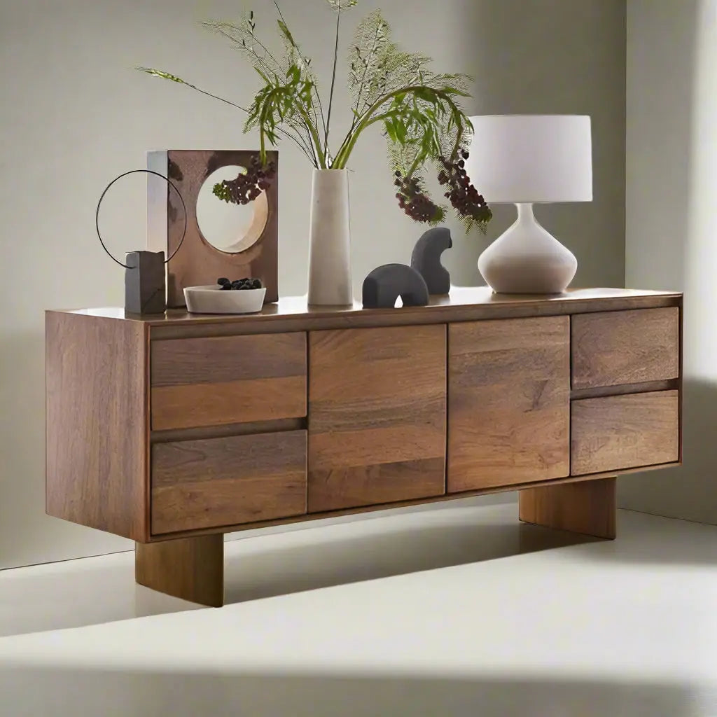 Solid mango wood Two Door and Four Drawer Modern Tv Unit.