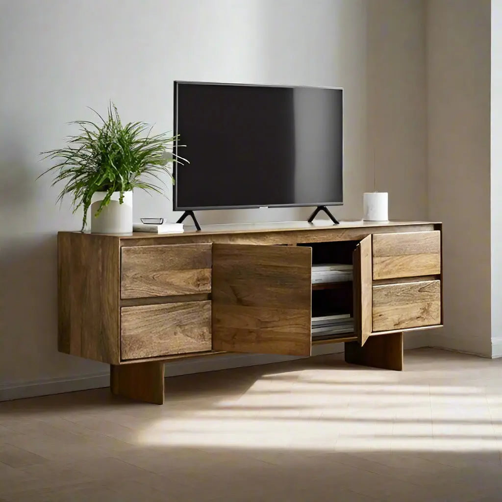 Two Door and Four Drawer Modern Tv Unit made in Solid mango wood. 