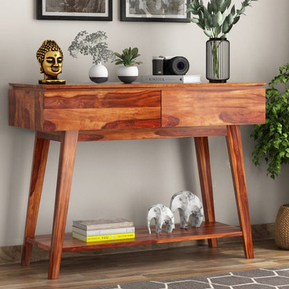 Solid Wood Two Drawer and One Open Shelf Neptune Console Table. 