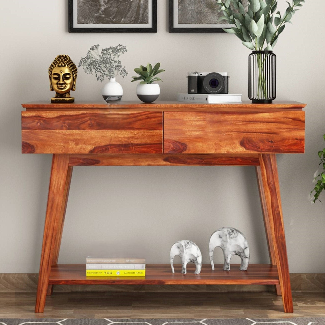 Two Drawer and One Open Shelf  Neptune Console Table made in Solid Sheesham Wood.