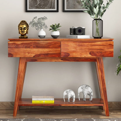 Two Drawer and One Open Shelf  Neptune Console Table made in Solid Sheesham Wood.