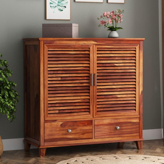 Two Door and Two Drawer Neptune Shoe Rack Made in Solid Sheesham Wood.