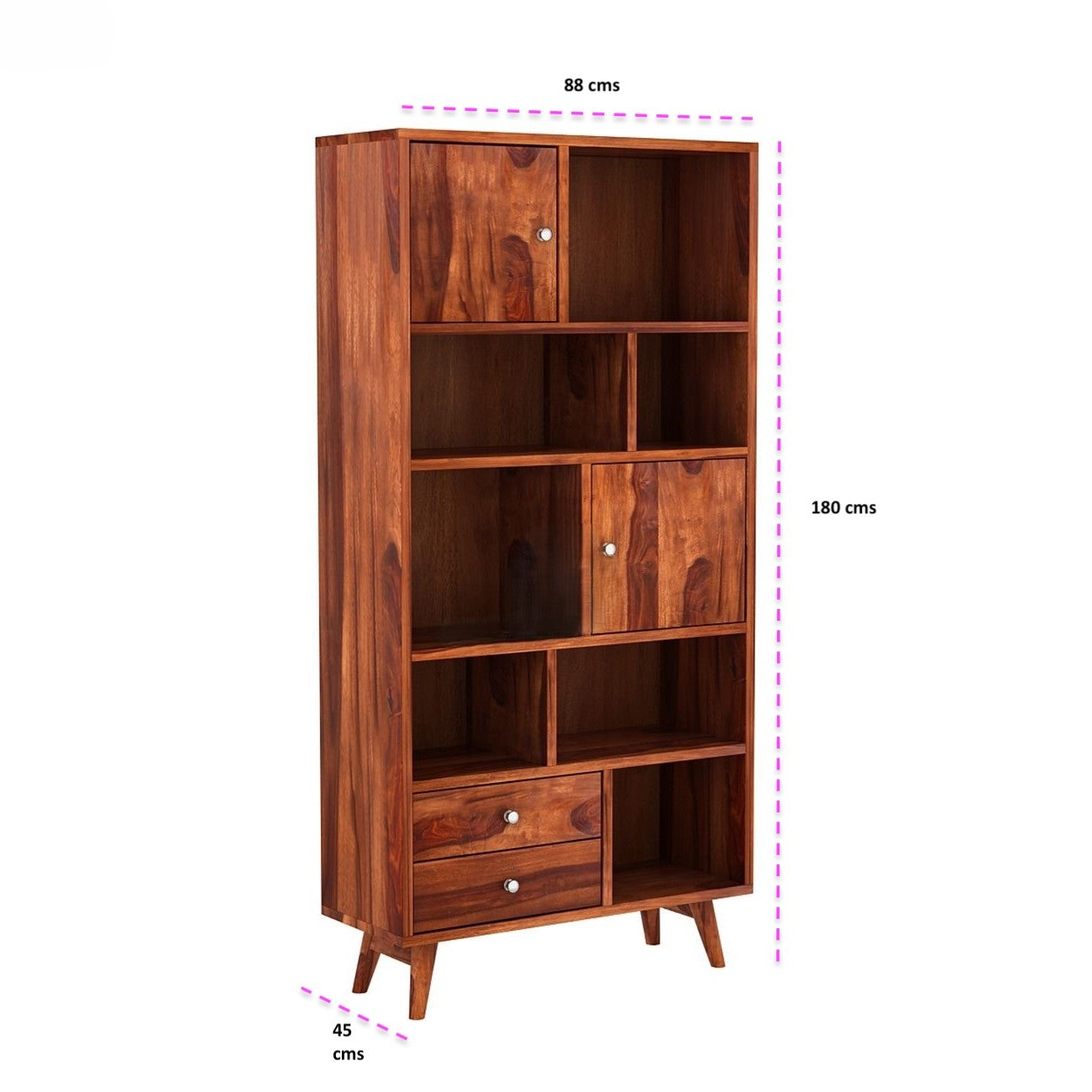 Wooden Two Door Two Drawer and Six Open Shelf With tapered legs Neptune Bookshelf. 