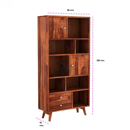 Wooden Two Door Two Drawer and Six Open Shelf With tapered legs Neptune Bookshelf. 