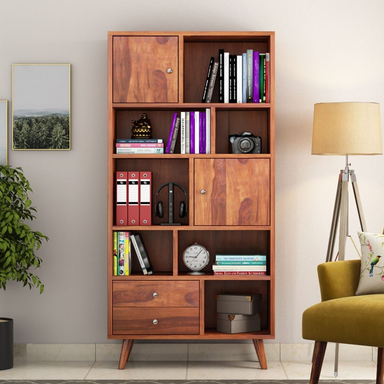 Two Door Two Drawer and Six Open Shelf With tapered legs Neptune Bookshelf Made in Sheesham Wood. 